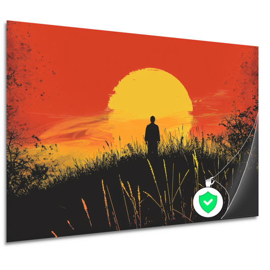 Persoon Contempleert Zonsondergang in Vurig Landschap poster