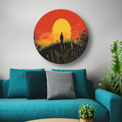 Persoon Contempleert Zonsondergang in Vurig Landschap aluminium muurcirkel