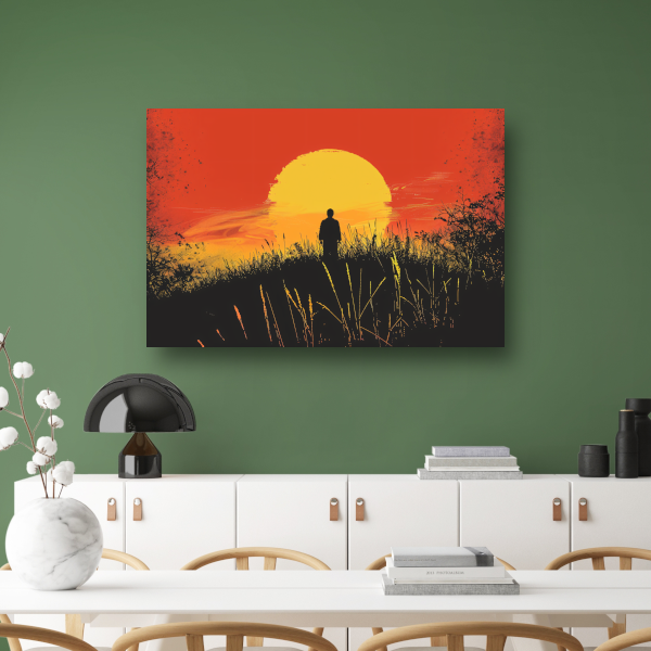 Persoon Contempleert Zonsondergang in Vurig Landschap canvas
