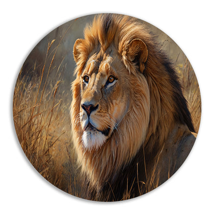 Realistische leeuw in savanne landschap aluminium muurcirkel