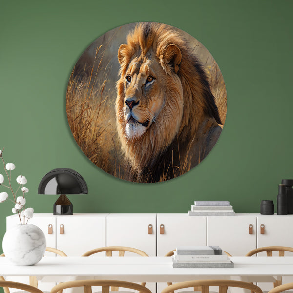 Realistische leeuw in savanne landschap aluminium muurcirkel