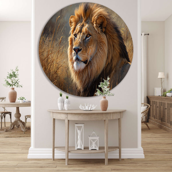 Realistische leeuw in savanne landschap aluminium muurcirkel