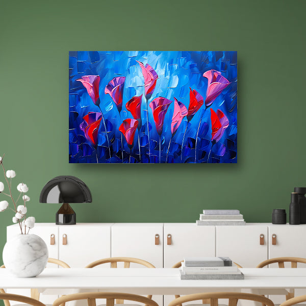 Abstracte bloemen in levendige kleuren schilderij canvas met baklijst