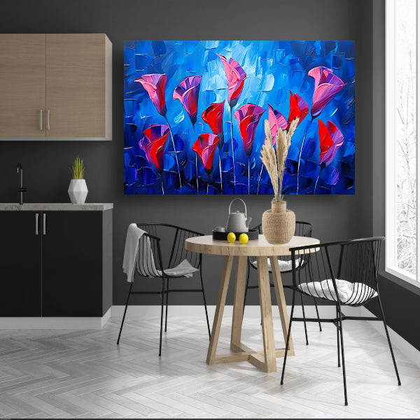 Abstracte bloemen in levendige kleuren schilderij canvas met baklijst