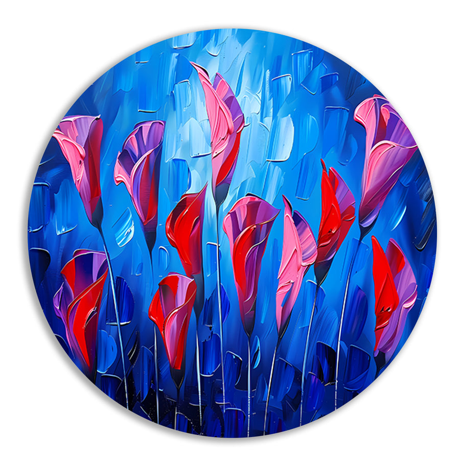 Abstracte bloemen in levendige kleuren schilderij aluminium muurcirkel