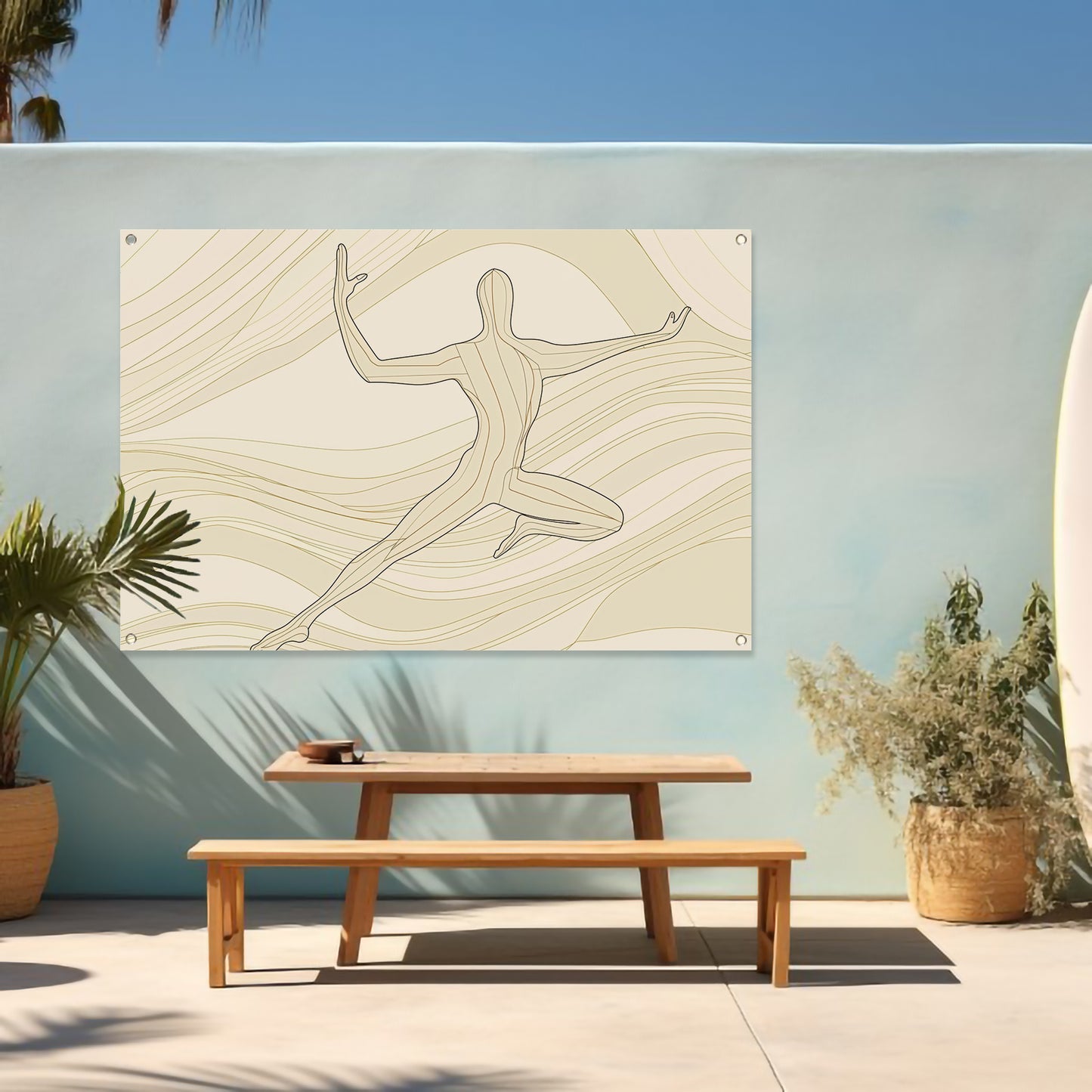 Abstracte dansende figuur met vloeiende lijnen tuinposter