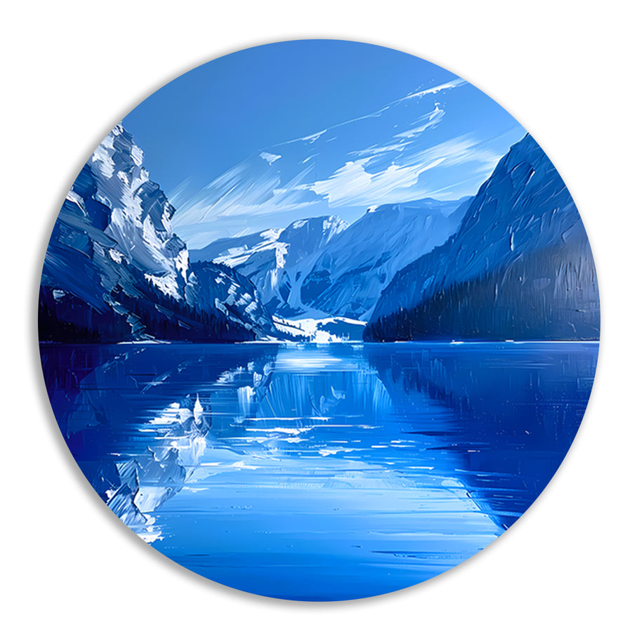 Abstract berglandschap in blauwe tinten aluminium muurcirkel