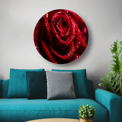 Rode Roos met Waterdruppels in Close-up aluminium muurcirkel