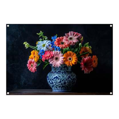 Elegant bloemenboeket in blauw-witte keramische vaas tuinposter