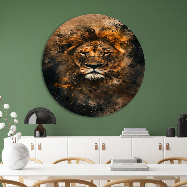 Abstract portret van leeuw in rustieke stijl aluminium muurcirkel