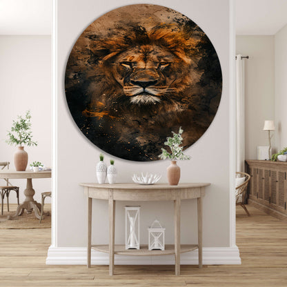 Abstract portret van leeuw in rustieke stijl aluminium muurcirkel