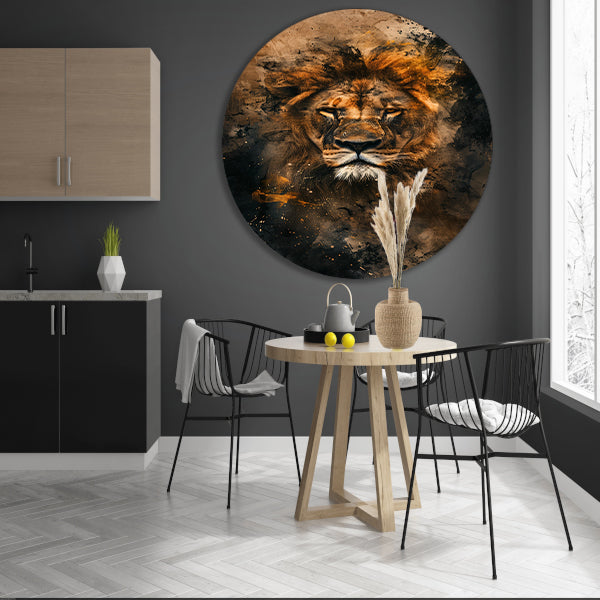 Abstract portret van leeuw in rustieke stijl aluminium muurcirkel