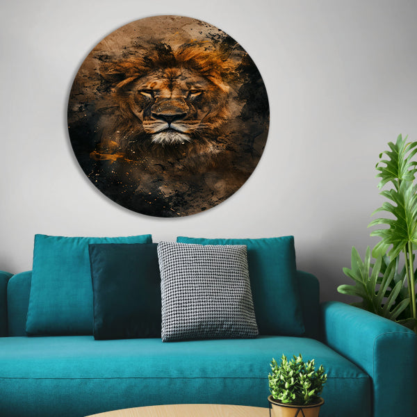 Abstract portret van leeuw in rustieke stijl aluminium muurcirkel