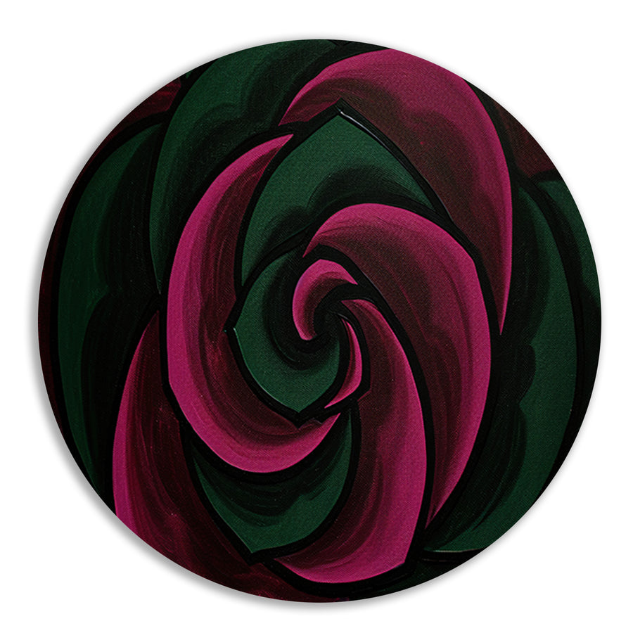 Abstract schilderij van bloem in groene en roze tinten aluminium muurcirkel