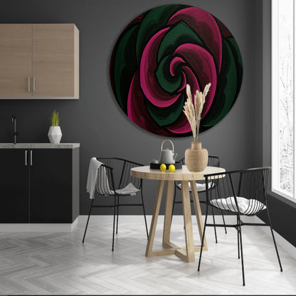 Abstract schilderij van bloem in groene en roze tinten forex muurcirkel