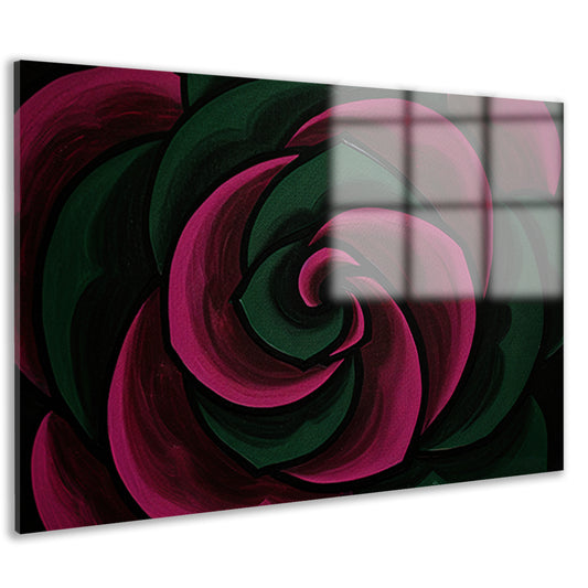 Abstract schilderij van bloem in groene en roze tinten acrylglas
