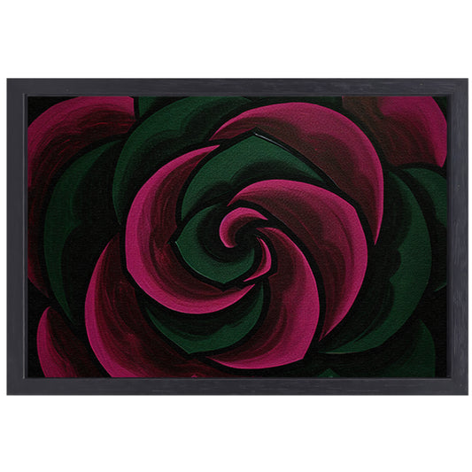 Abstract schilderij van bloem in groene en roze tinten canvas met baklijst