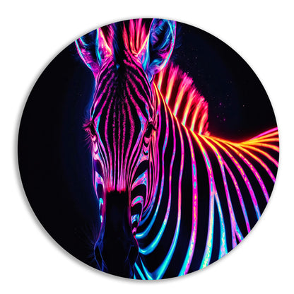 Neon Zebra in Psychedelische Kleuren aluminium muurcirkel