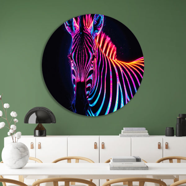 Neon Zebra in Psychedelische Kleuren aluminium muurcirkel