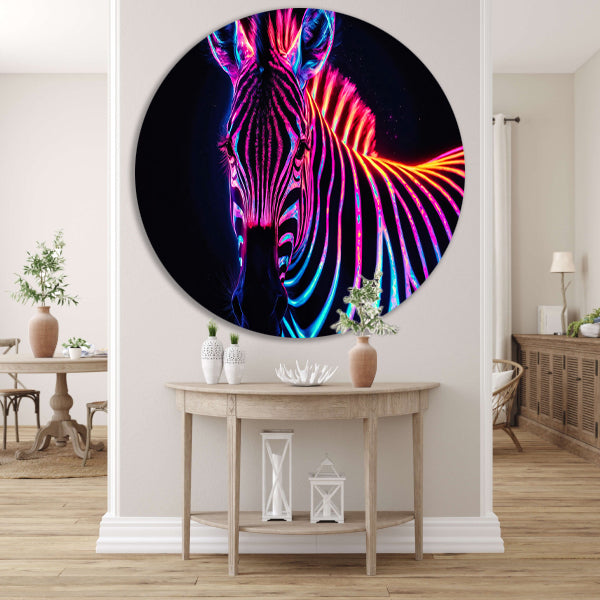 Neon Zebra in Psychedelische Kleuren aluminium muurcirkel