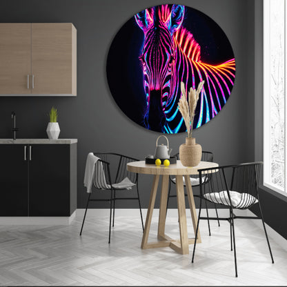 Neon Zebra in Psychedelische Kleuren aluminium muurcirkel