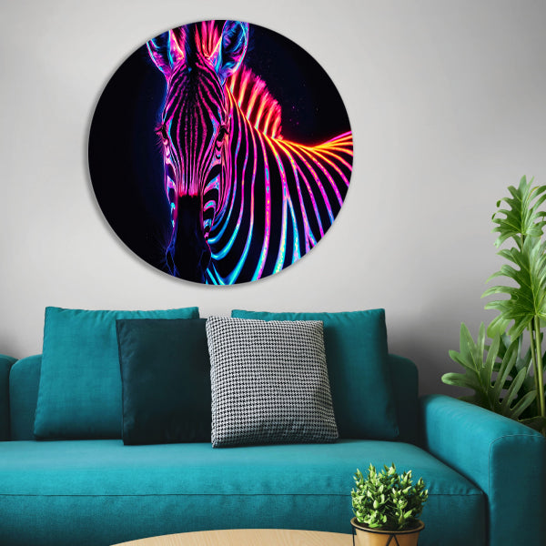 Neon Zebra in Psychedelische Kleuren aluminium muurcirkel