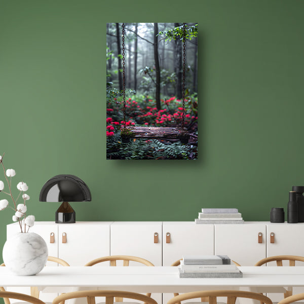 Eenzame Schommel in Mistig Bos canvas met baklijst