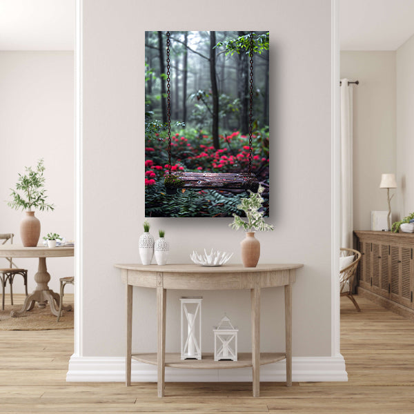 Eenzame Schommel in Mistig Bos canvas met baklijst