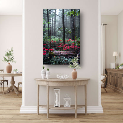 Eenzame Schommel in Mistig Bos canvas met baklijst