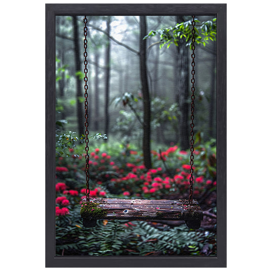 Eenzame Schommel in Mistig Bos canvas met baklijst