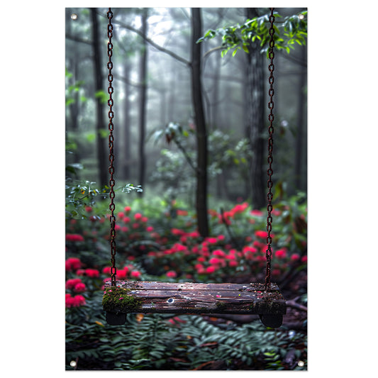 Eenzame Schommel in Mistig Bos tuinposter