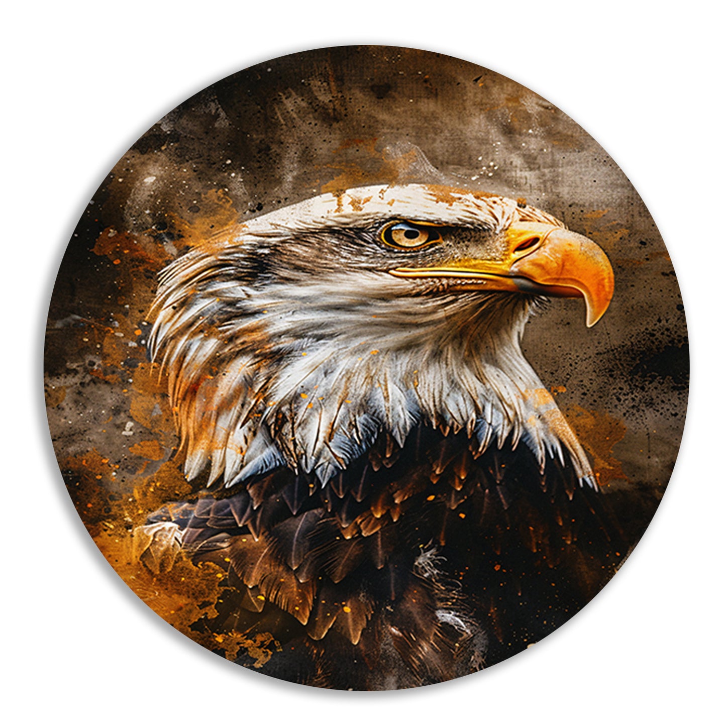 Dynamisch portret van adelaar in rustieke stijl aluminium muurcirkel