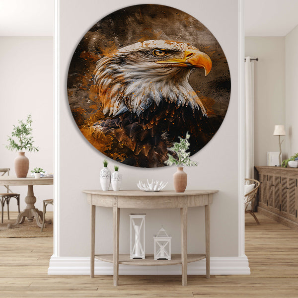 Dynamisch portret van adelaar in rustieke stijl aluminium muurcirkel