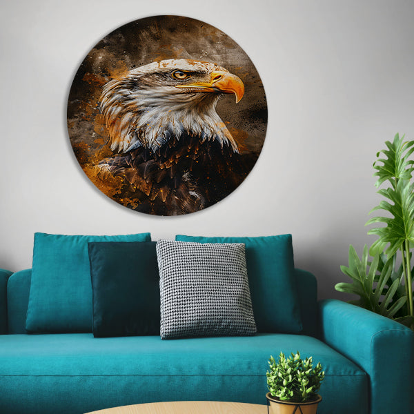 Dynamisch portret van adelaar in rustieke stijl aluminium muurcirkel