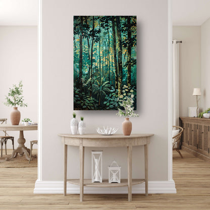 Realistisch schilderij van een groen bos poster