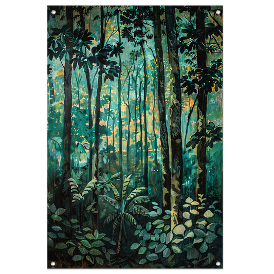 Realistisch schilderij van een groen bos tuinposter