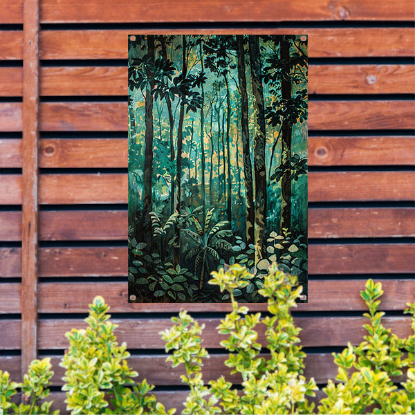 Realistisch schilderij van een groen bos tuinposter