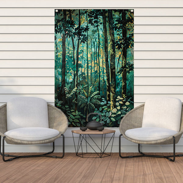 Realistisch schilderij van een groen bos tuinposter