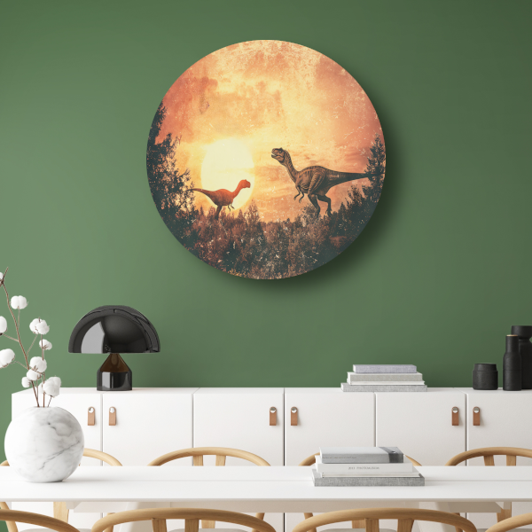 Surrealistische dinosaurusdroom aluminium muurcirkel