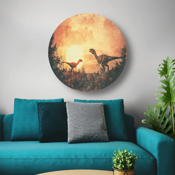 Surrealistische dinosaurusdroom aluminium muurcirkel