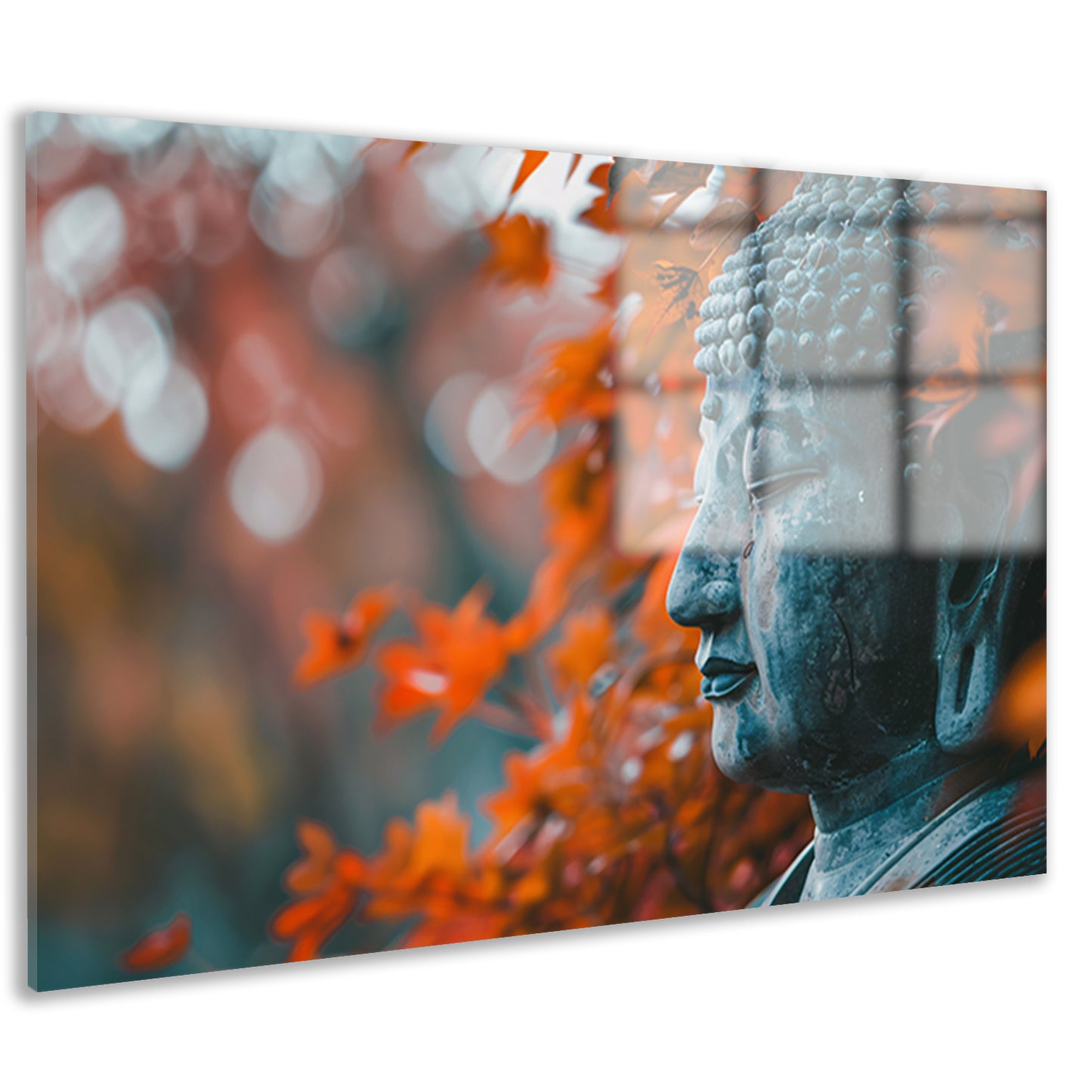 Boeddha omringd door herfstbladeren acrylglas