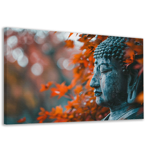 Boeddha omringd door herfstbladeren canvas