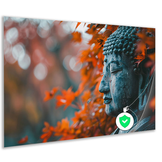 Boeddha omringd door herfstbladerenposter