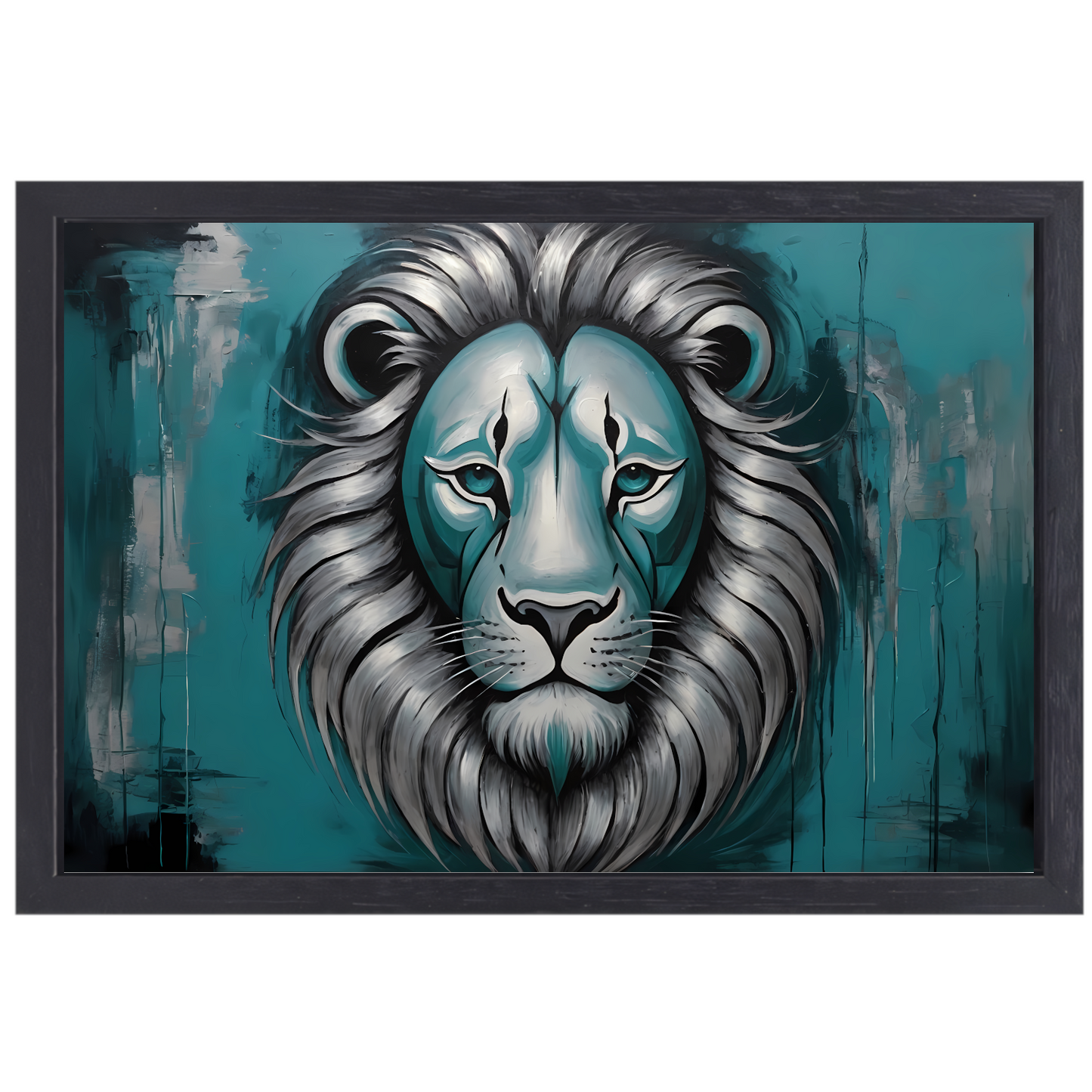 Zilveren en Turquoise Leeuw op Canvas canvas met baklijst