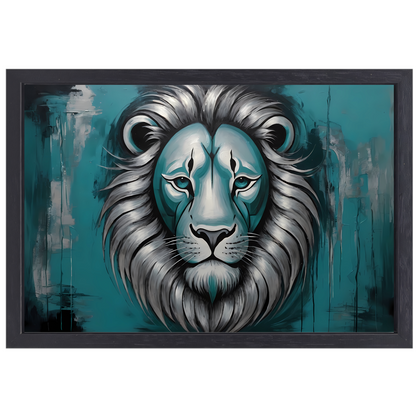 Zilveren en Turquoise Leeuw op Canvas canvas met baklijst
