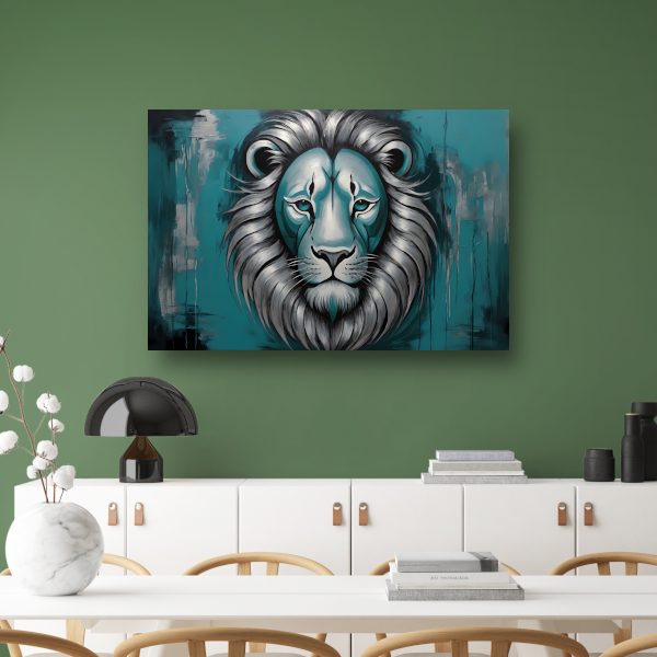 Zilveren en Turquoise Leeuw op Canvas canvas met baklijst