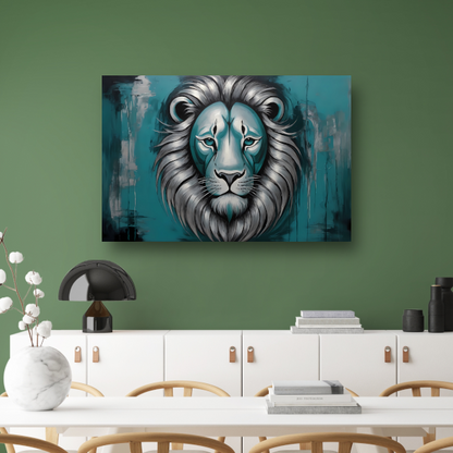 Zilveren en Turquoise Leeuw op Canvas canvas met baklijst