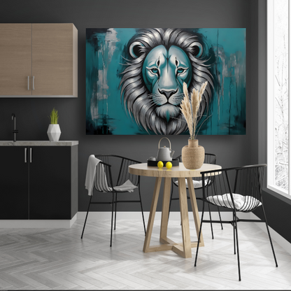 Zilveren en Turquoise Leeuw op Canvas canvas met baklijst