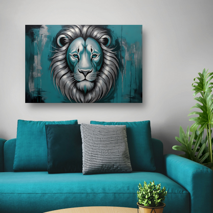 Zilveren en Turquoise Leeuw op Canvas poster