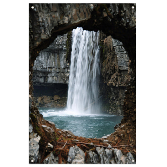 Waterval door Stenen Raam in Natuur tuinposter